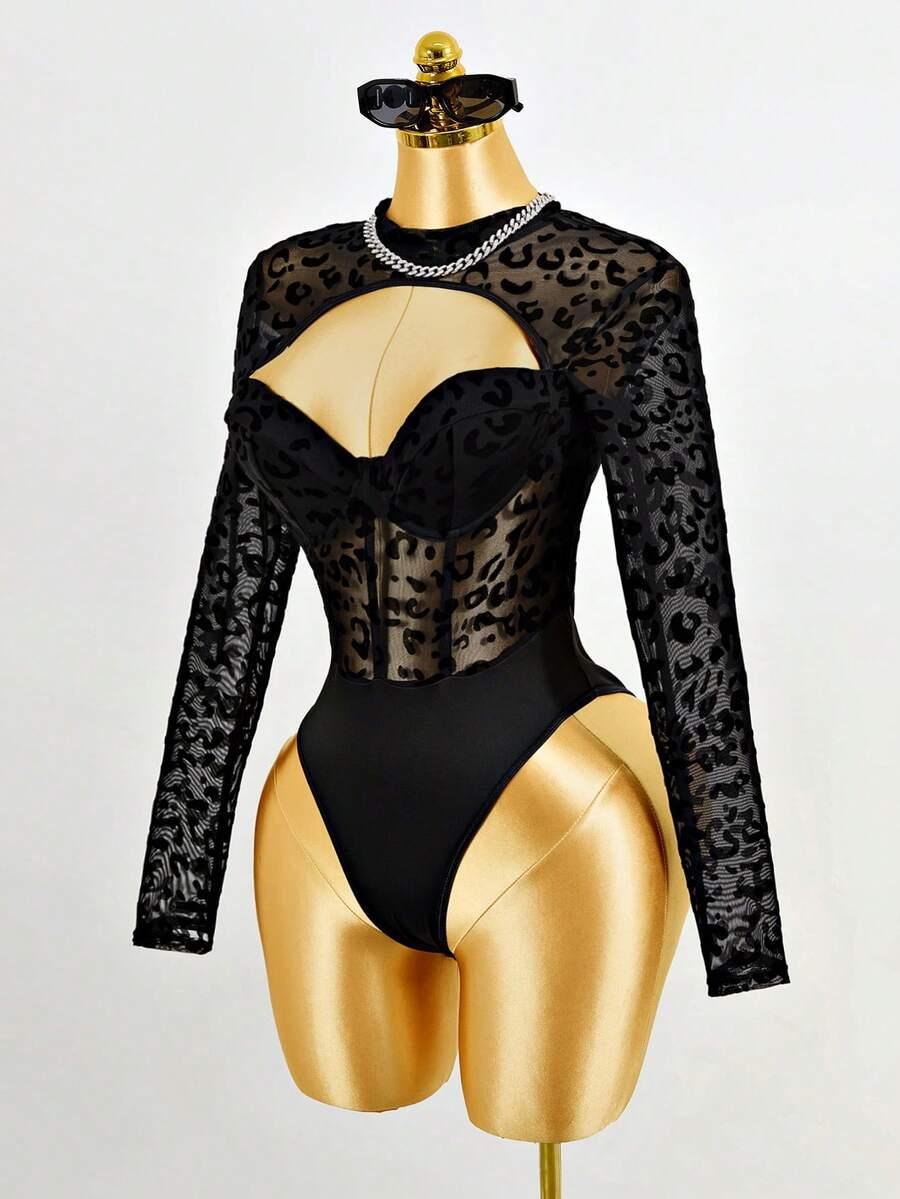 CZARNE BODY Z DŁUGIM RĘKAWEM ANIMAL PRINT 
