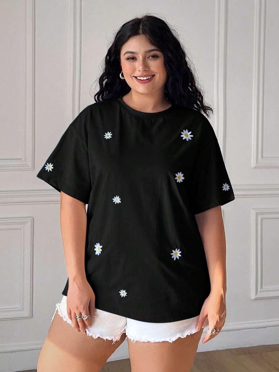 CZARNY T-SHIRT OKRĄGŁY DEKOLT KWIATY HAFT