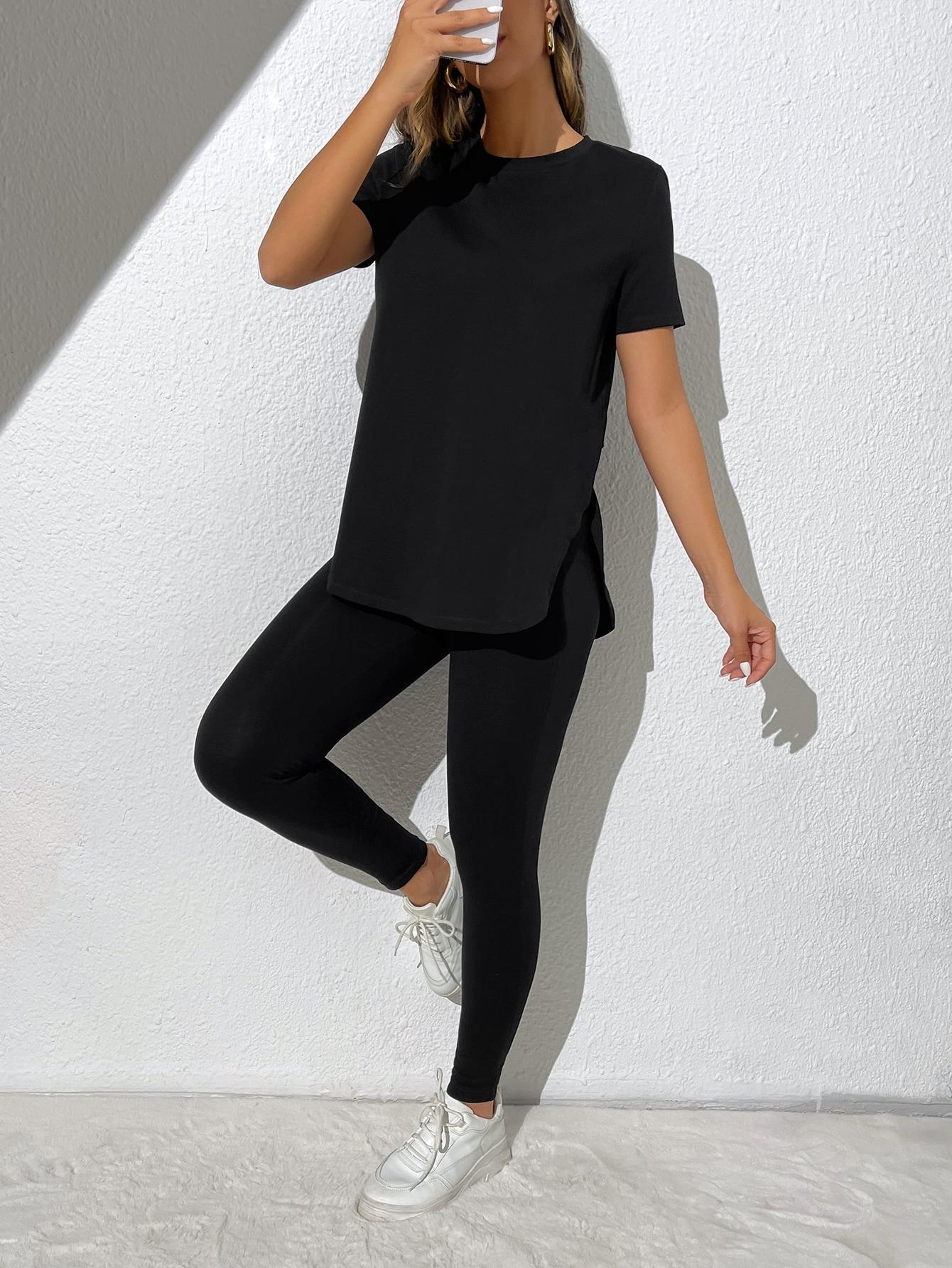 CZARNY T-SHIRT LEGGINSY KOMPLET