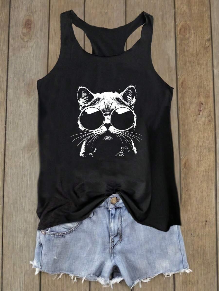 CZARNY TOP PRINT KOT