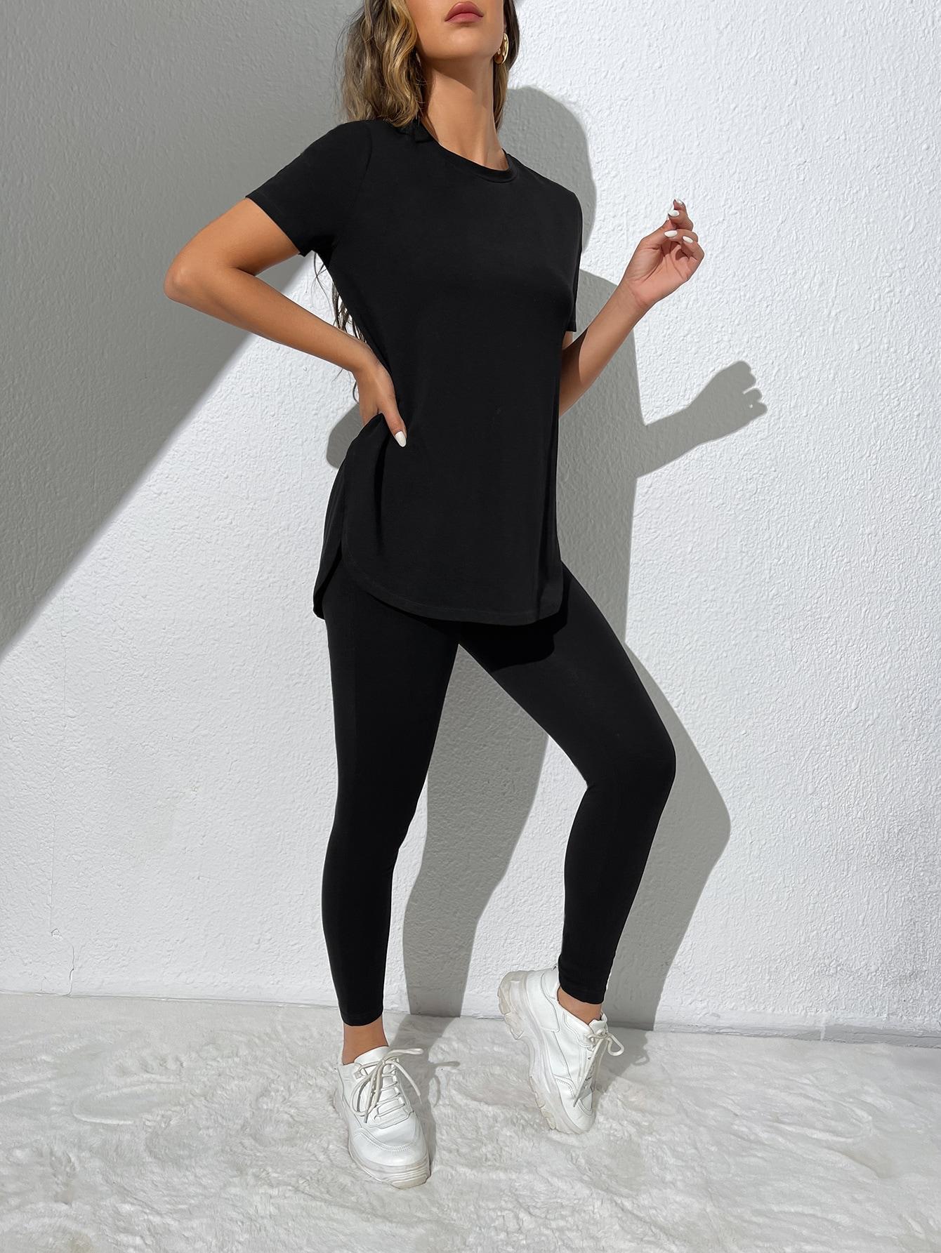 CZARNY T-SHIRT LEGGINSY KOMPLET