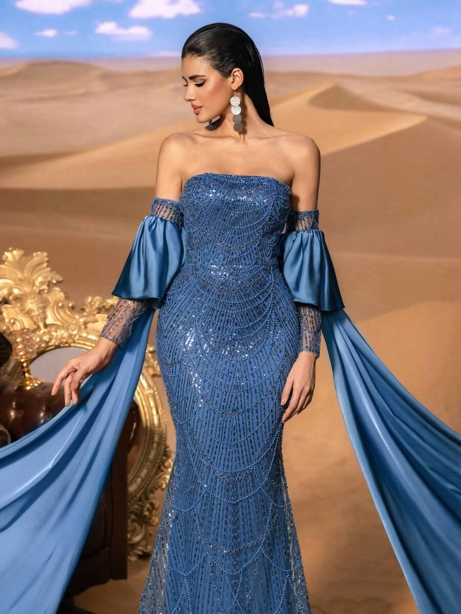 niebieska maxi sukienka zdobienia