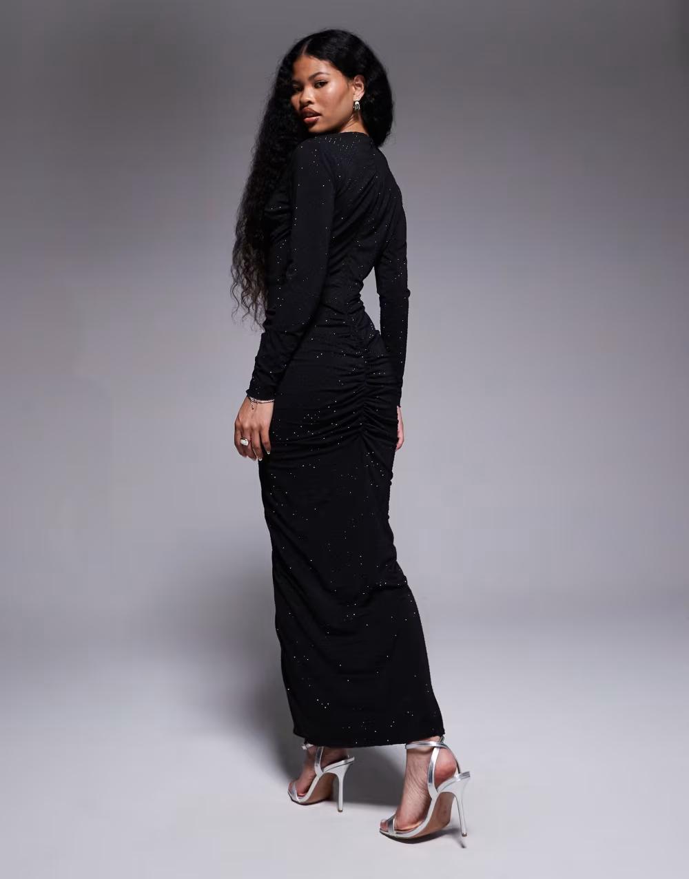 CZARNA MAXI SUKIENKA DŁUGI RĘKAW V-NECK