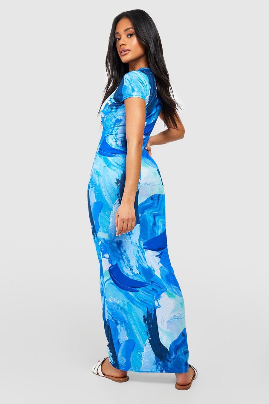 NIEBIESKA MAXI SUKIENKA ABSTRACT PRINT KRÓTKI RĘKAW