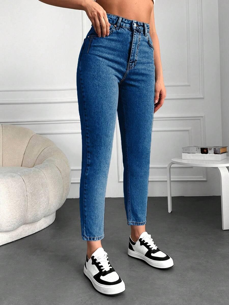 NIEBIESKIE SPODNIE MOM JEANS KIESZENIE ZAMEK