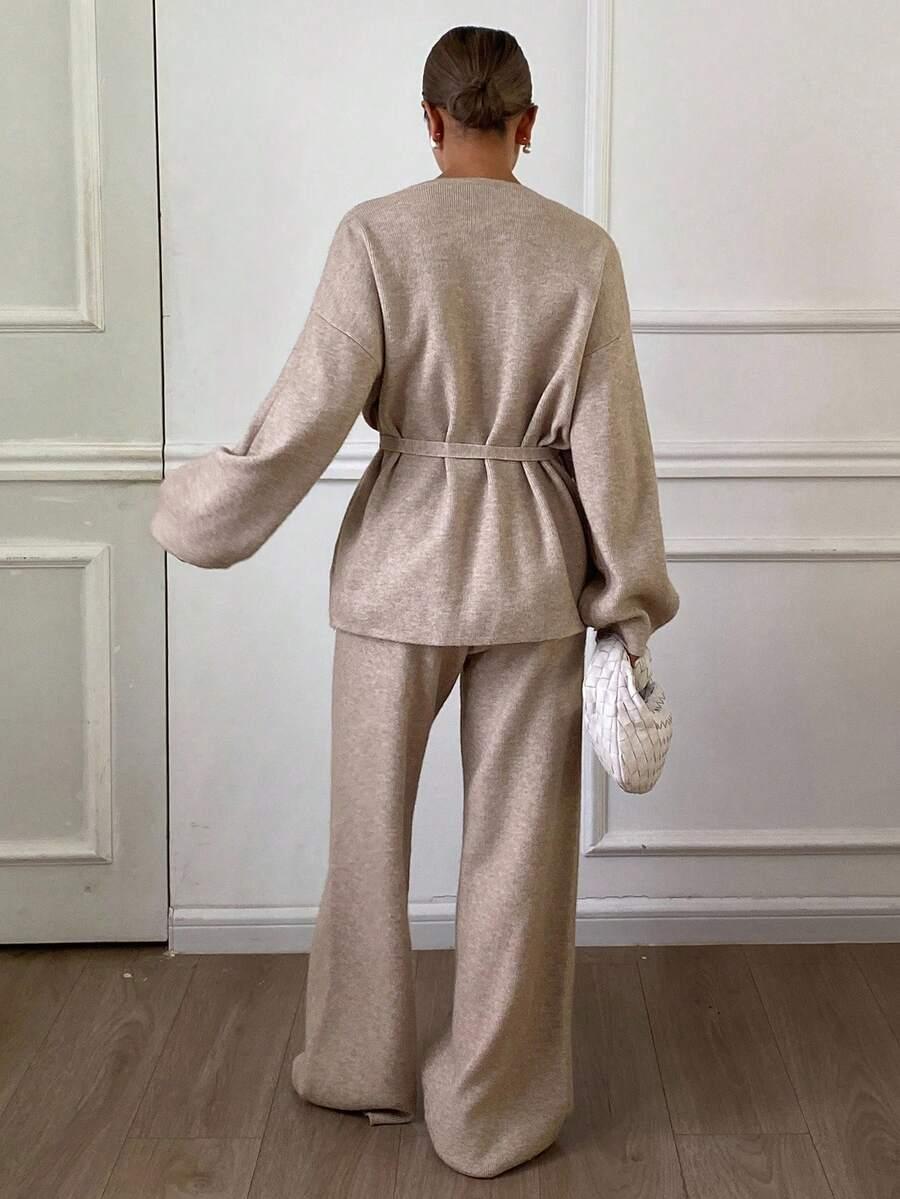 BEŻOWY SWETER SPODNIE KOMPLET 