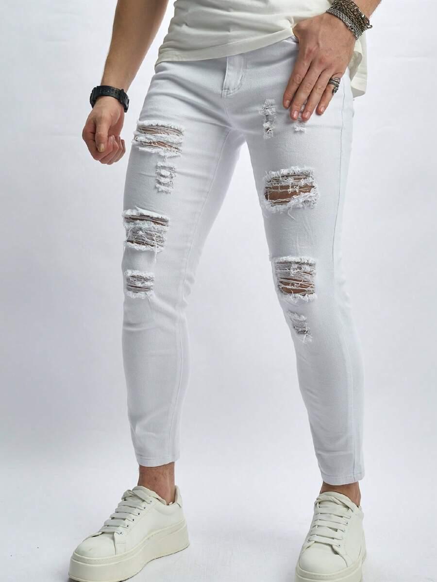 białe spodnie rurki jeans ripped 
