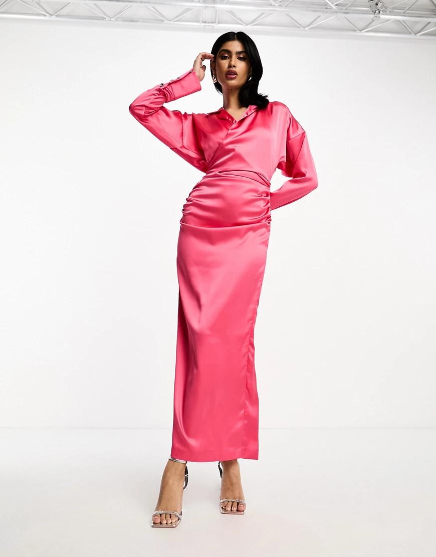 różowa maxi sukienka satyna wiązanie
