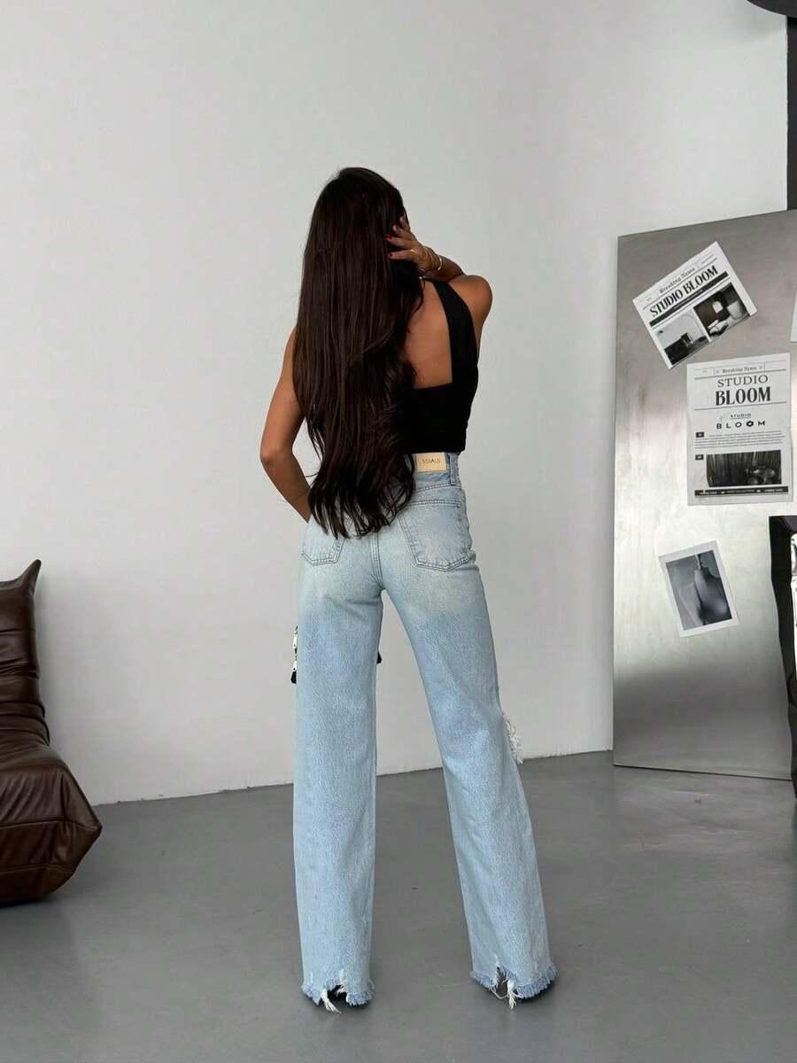 SPODNIE JEANS RIPPED WYSOKI STAN