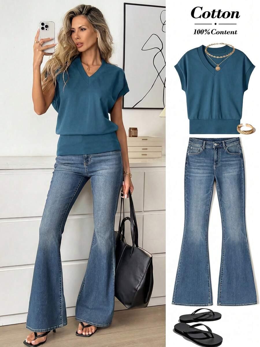 NIEBIESKA BLUZKA V-NECK