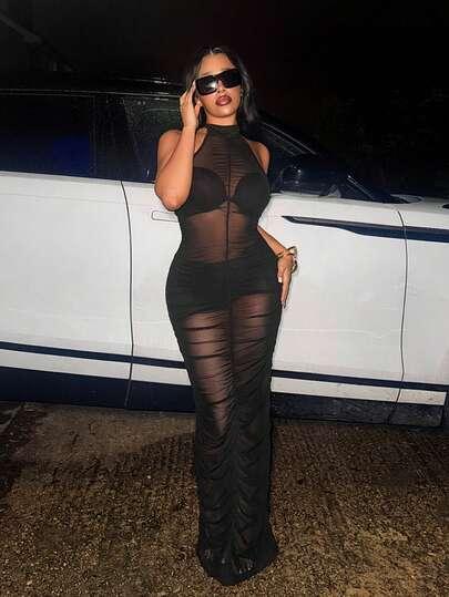 czarna maxi sukienka siateczka