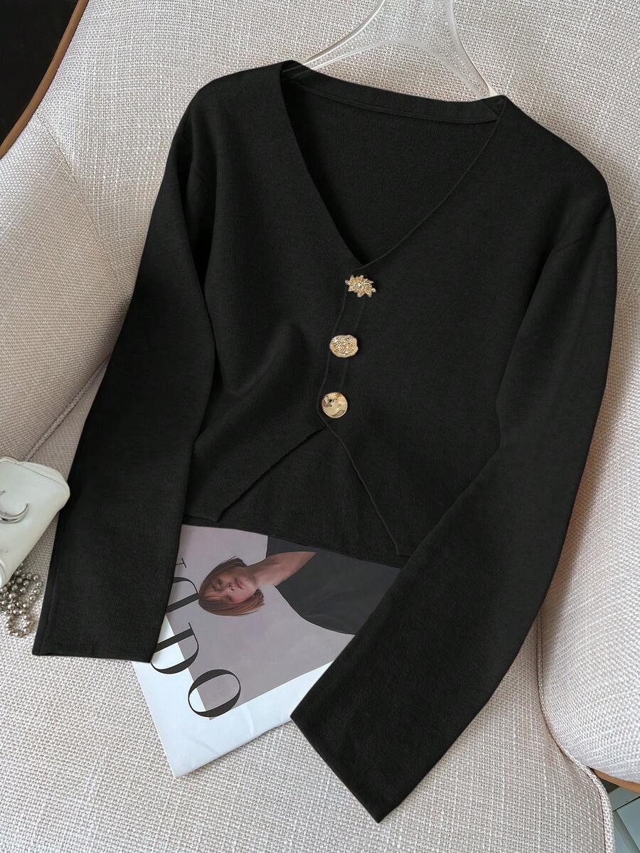 CZARNY DZIANINOWY SWETER ZDOBIENIE 