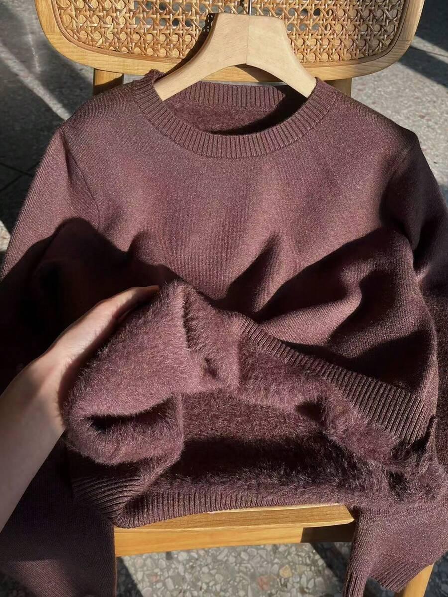ocieplany BRĄZOWY SWETER OKRĄGŁY DEKOLT