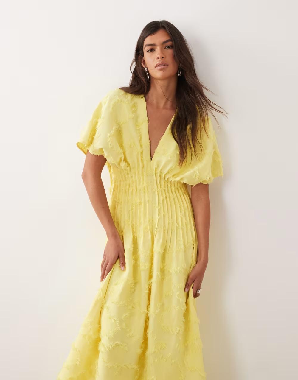 żółta maxi sukienka v-neck tekstura