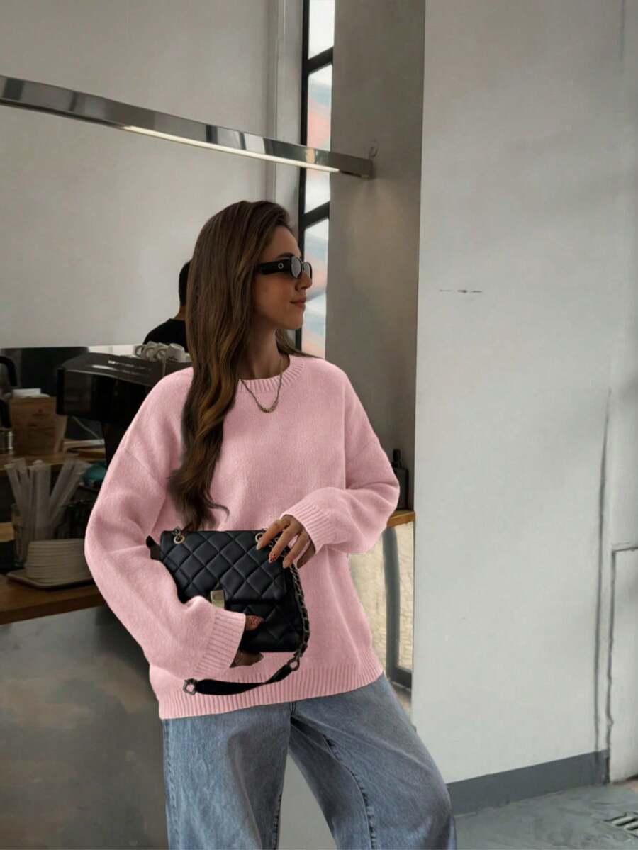 RÓŻOWY SWETER OKRĄGŁY DEKOLT