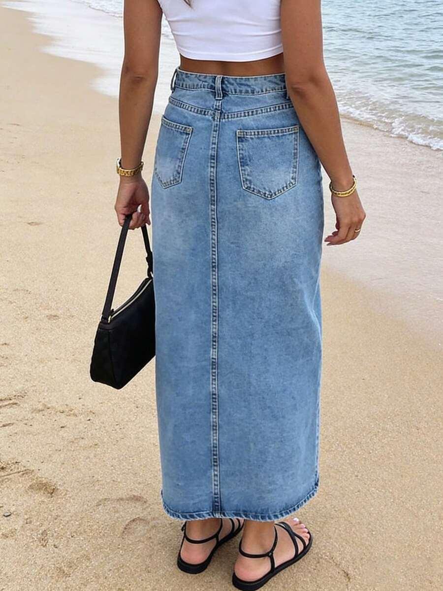 niebieska jeansowa spódnica maxi 