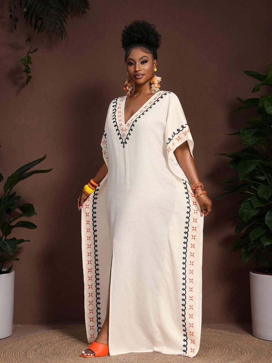 beżowa maxi sukienka v neck wzór 