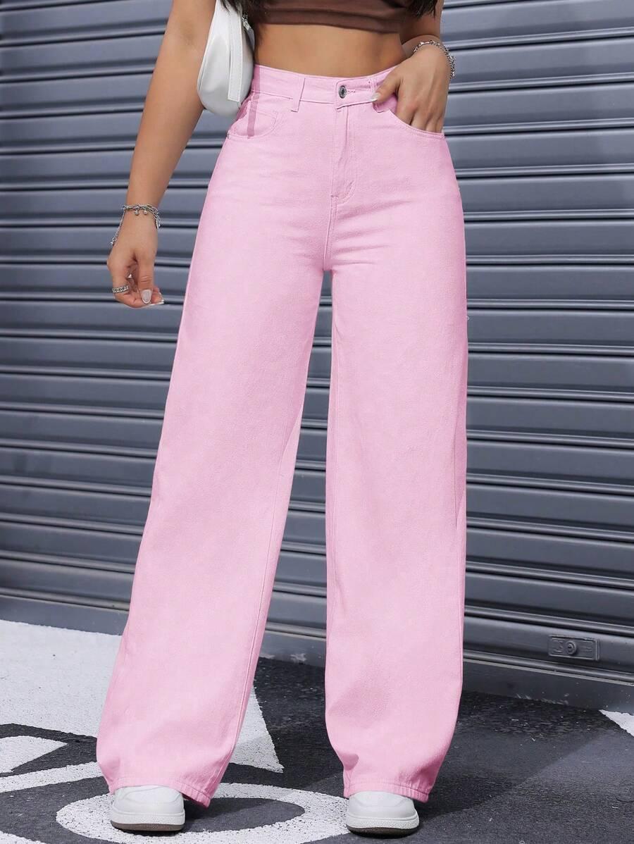 różowe spodnie jeans wysoki stan szeroka nogawka