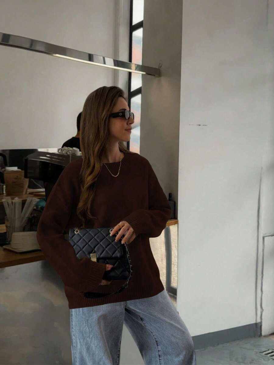 BRĄZOWY SWETER OKRĄGŁY DEKOLT 