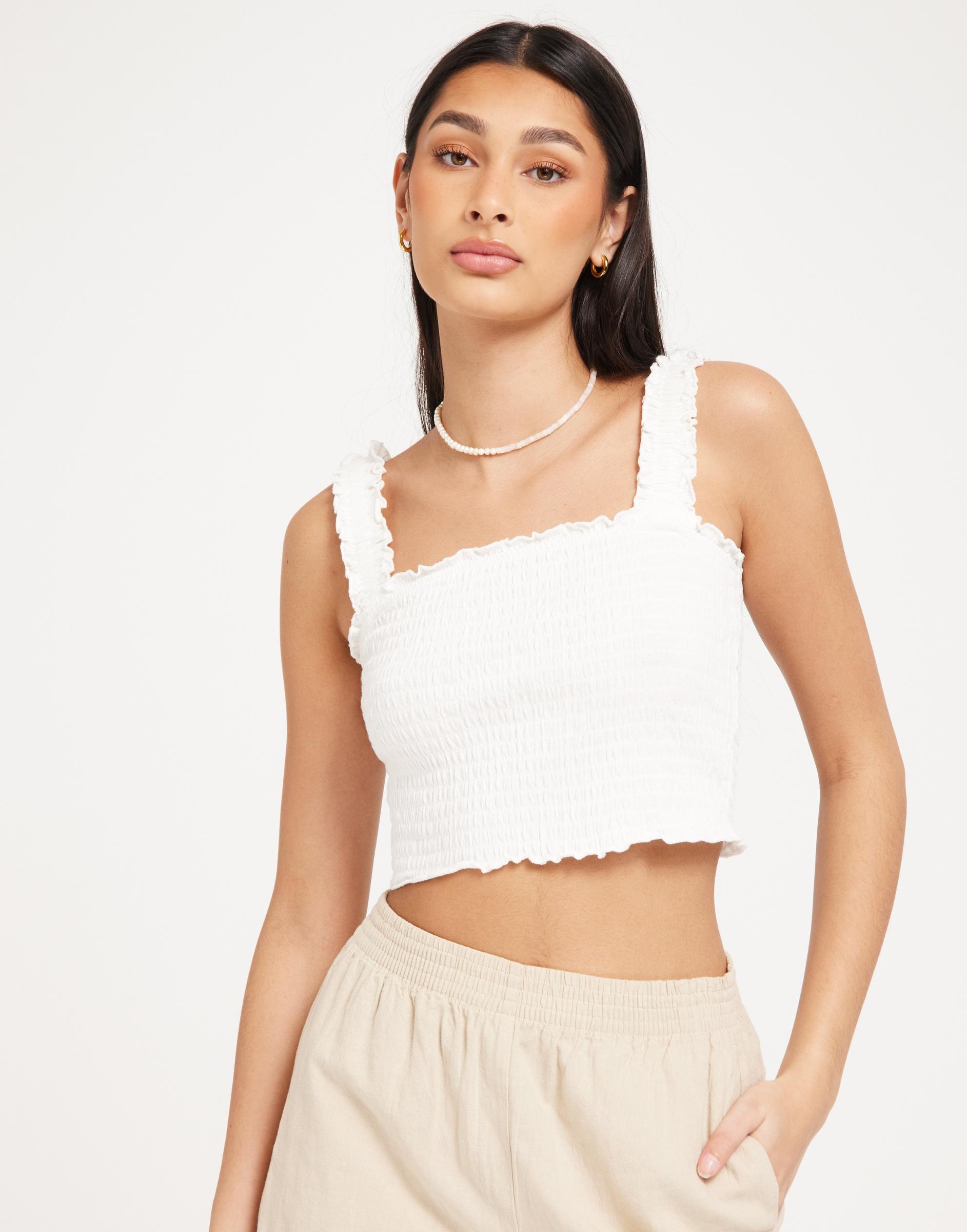 biały crop top falbana marszczenie