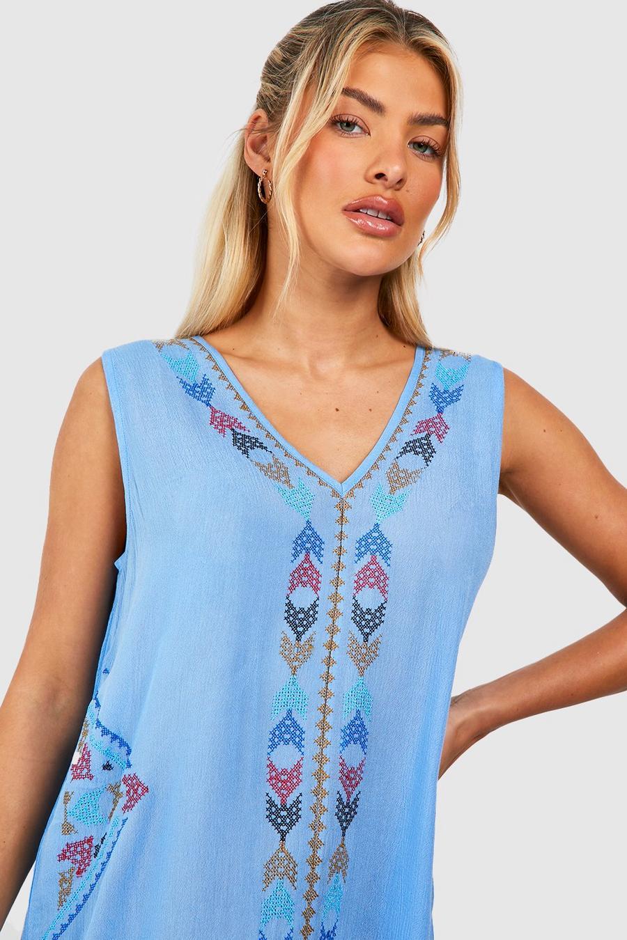 NIEBIESKA SUKIENKA PLAŻOWA V-NECK FRĘDZLE