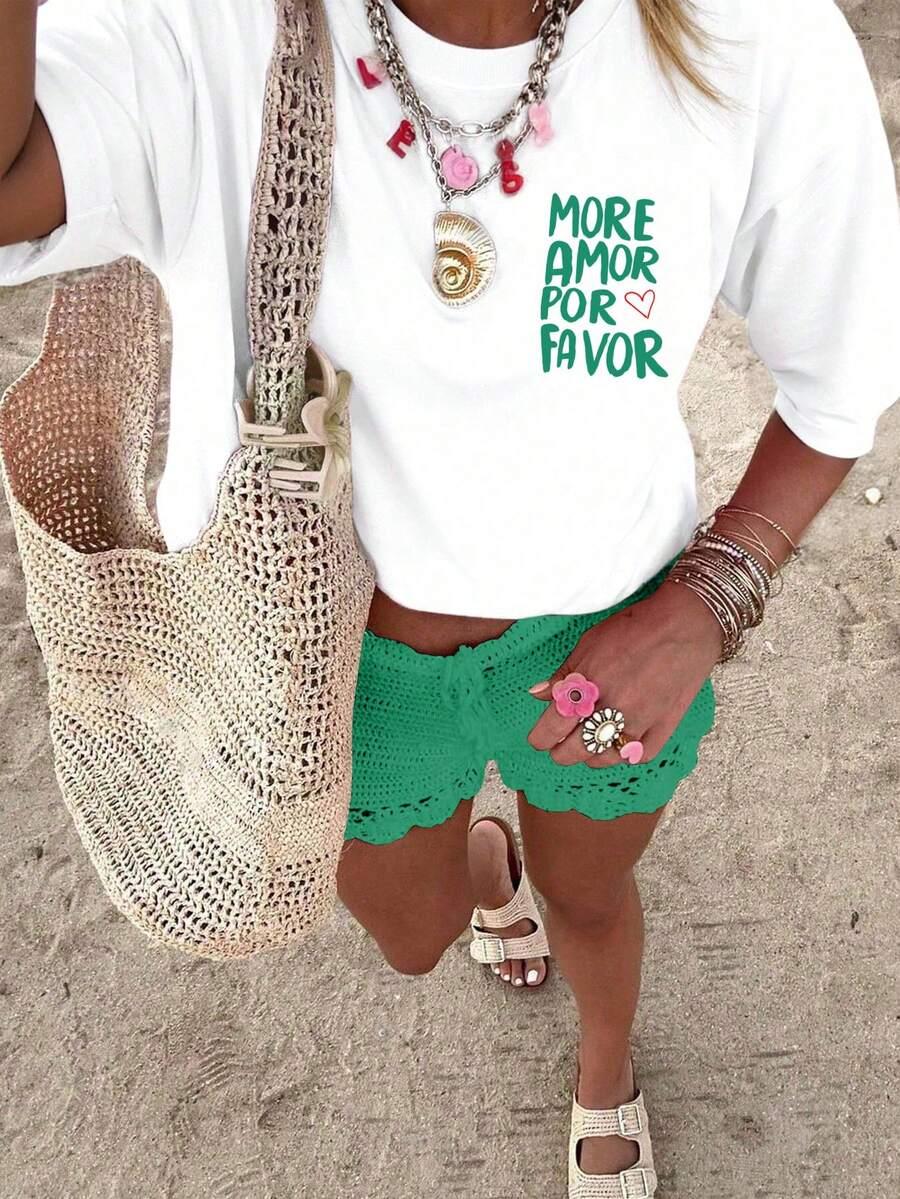 biały t-shirt okrągły dekolt nadruk