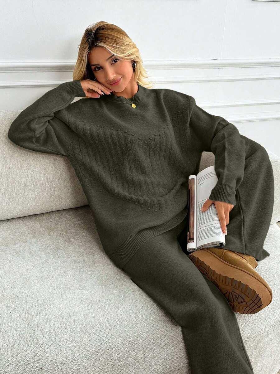 DZIANINOWY KOMPLET SWETER SPODNIE