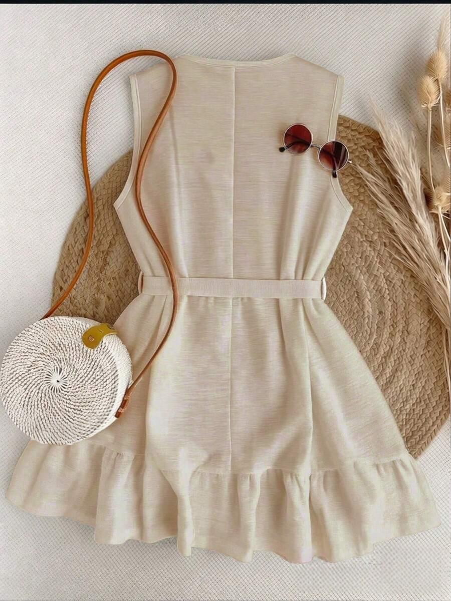 beżowa sukienka v-neck falbana