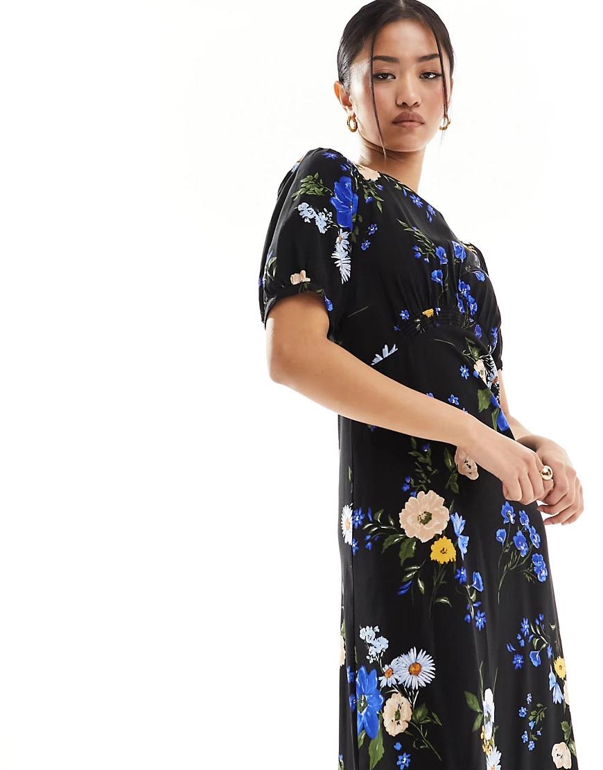 czarna midi sukienka z krótkim rękawem kwiaty