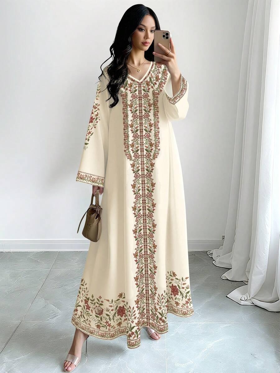 MAXI SUKIENKA V NECK WZÓR KWIATY 