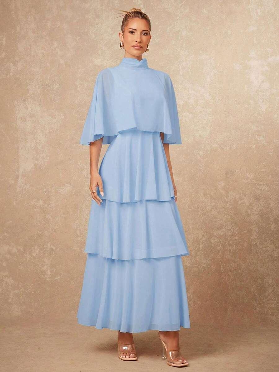niebieska maxi sukienka stójka