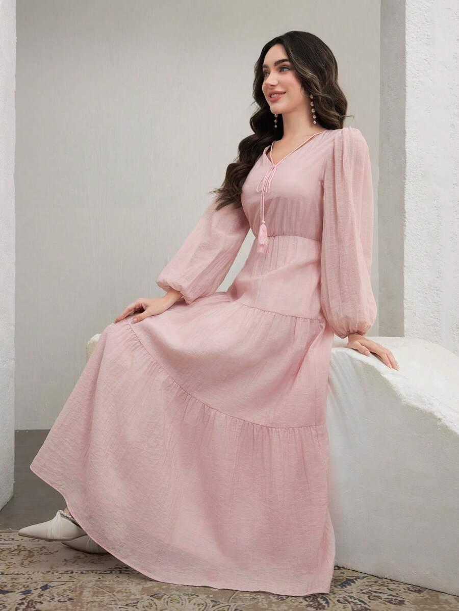 maxi sukienka długi rękaw v neck wiązanie 
