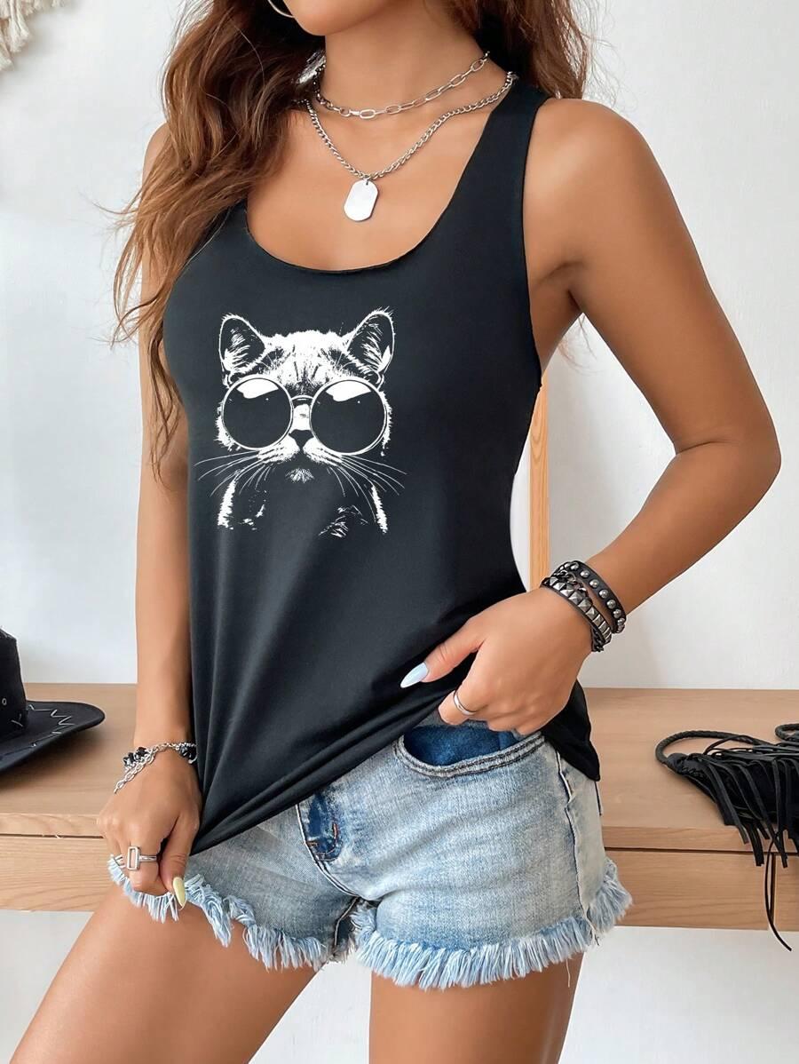 CZARNY TOP PRINT KOT