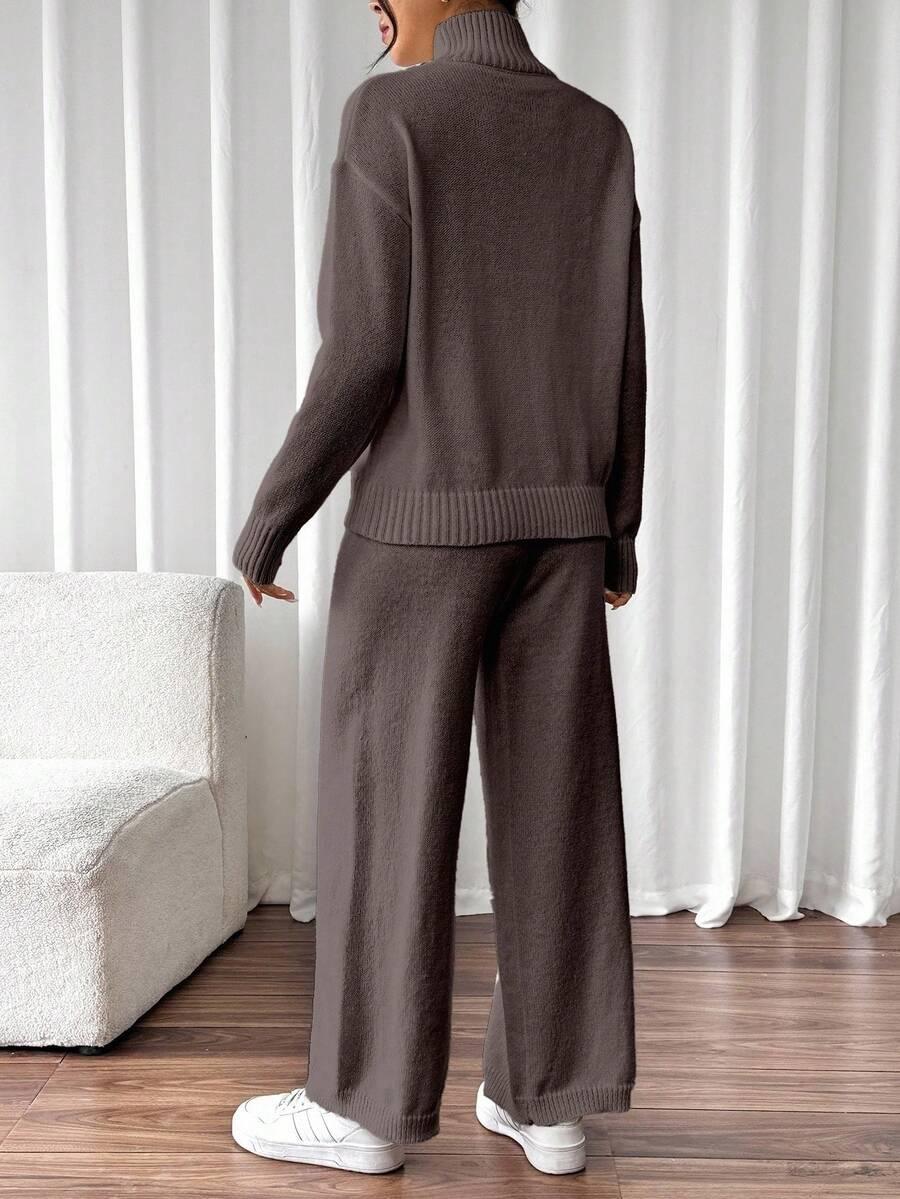 BRĄZOWY DZIANINOWY SWETER SPODNIE KOMPLET 
