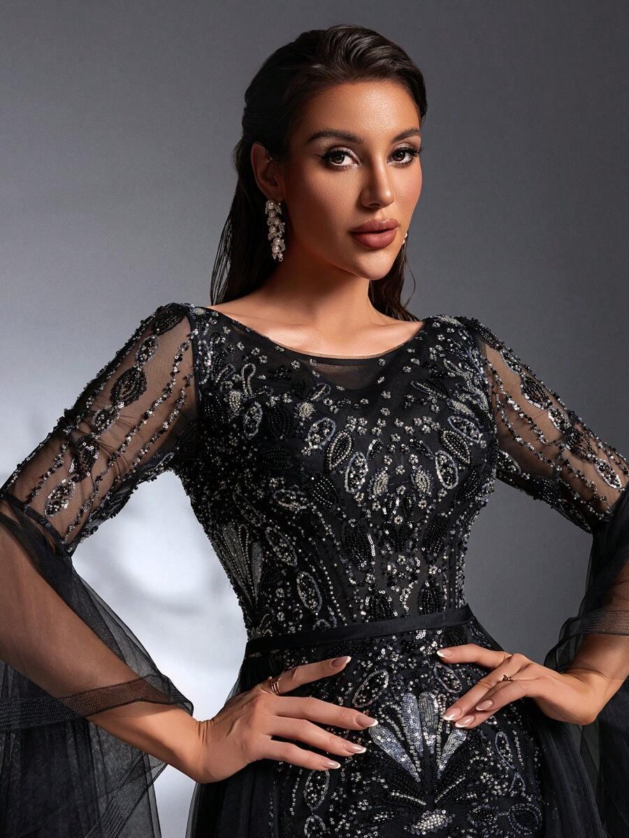CZARNA MAXI SUKIENKA ZDOBIENIE