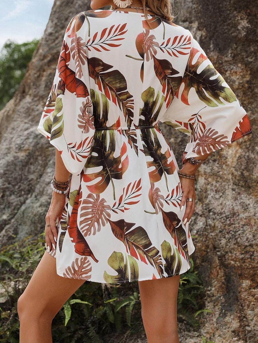 mini sukienka wzór roślinny v neck