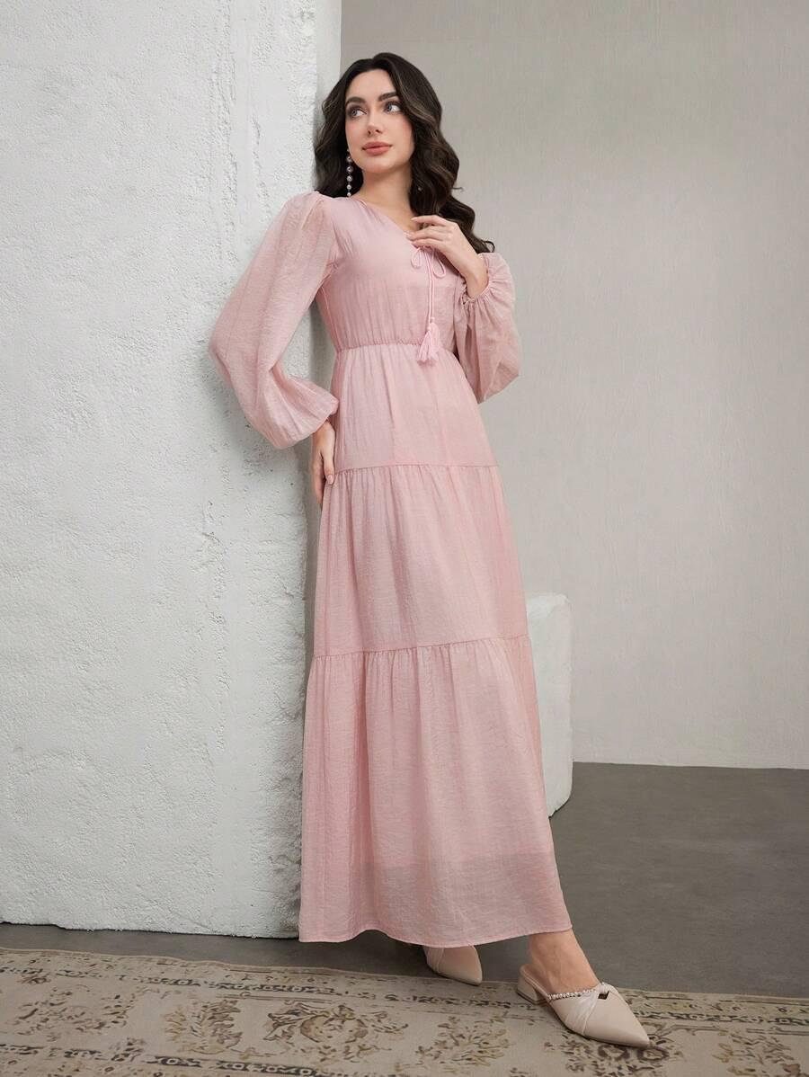 maxi sukienka długi rękaw v neck wiązanie 