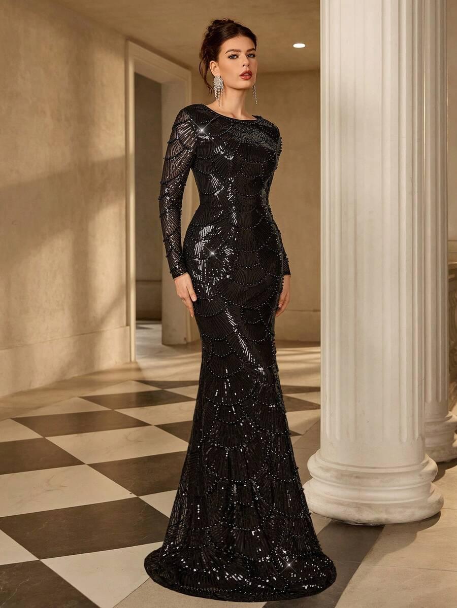 czarna sukienka maxi zdobienia 