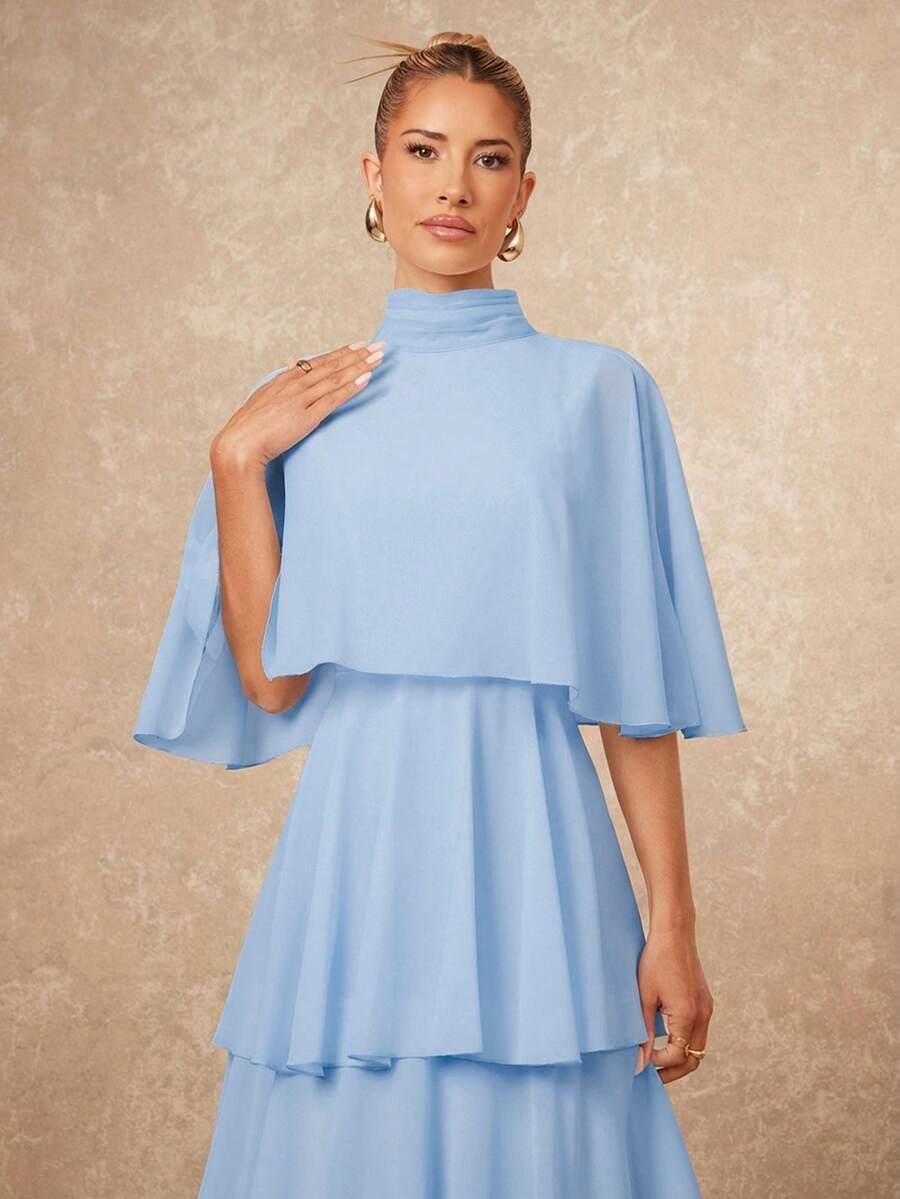 niebieska maxi sukienka stójka