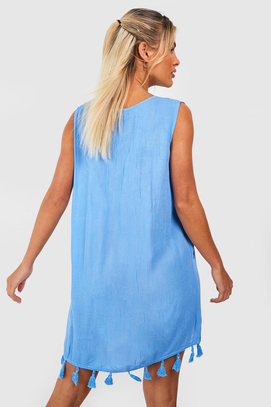NIEBIESKA SUKIENKA PLAŻOWA V-NECK FRĘDZLE