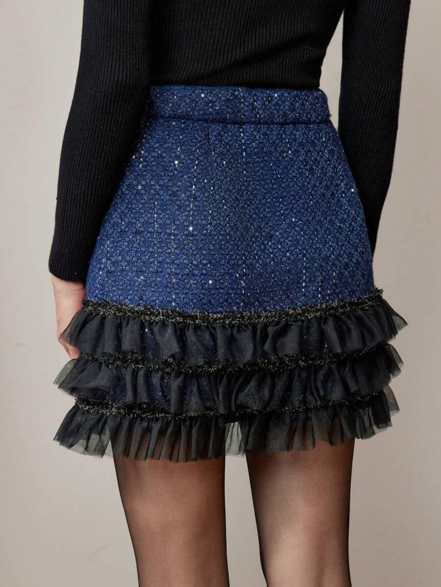 GRANATOWA MINI SPÓDNICA tweed tiul połysk