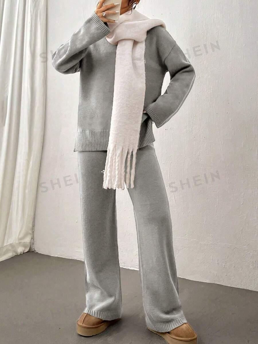 SZARY KOMPLET SWETER SPODNIE