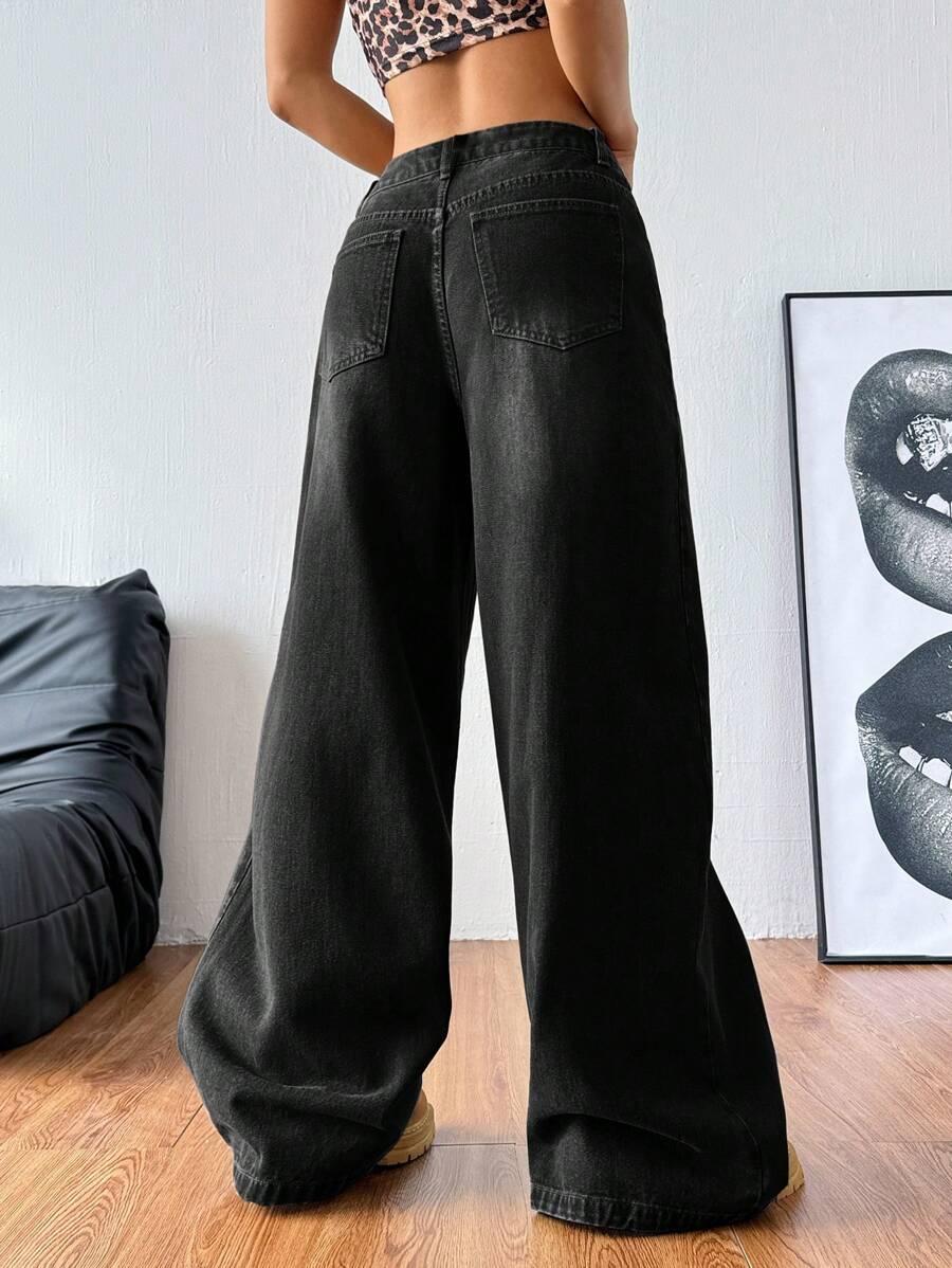 CZARNE SPODNIE JEANS Z SZEROKIMI NOGAWKAMI