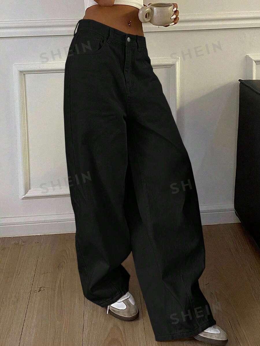 SZEROKIE CZARNE SPODNIE JEANS
