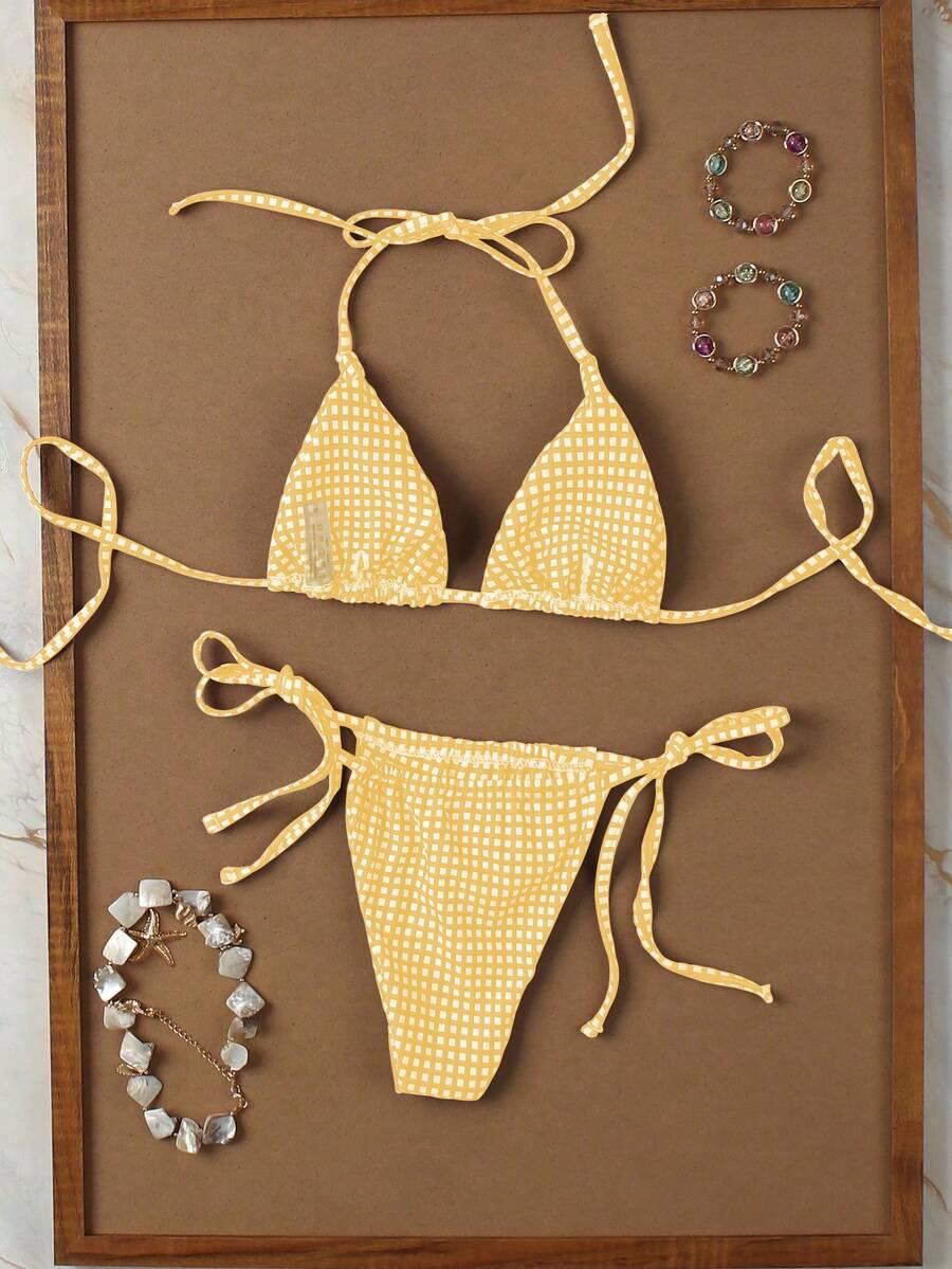 żółty komplet bikini wzór kratka