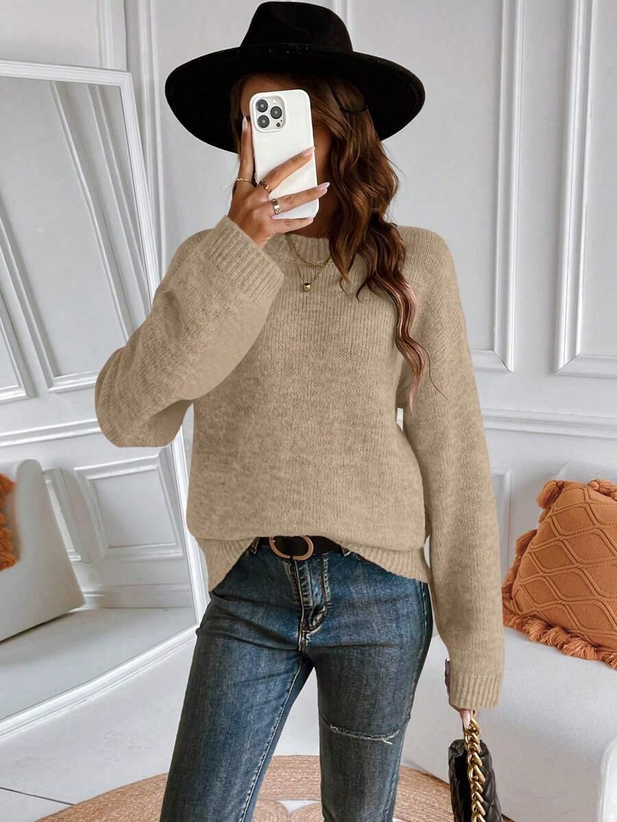 BEŻOWY SWETER OKRĄGŁY DEKOLT