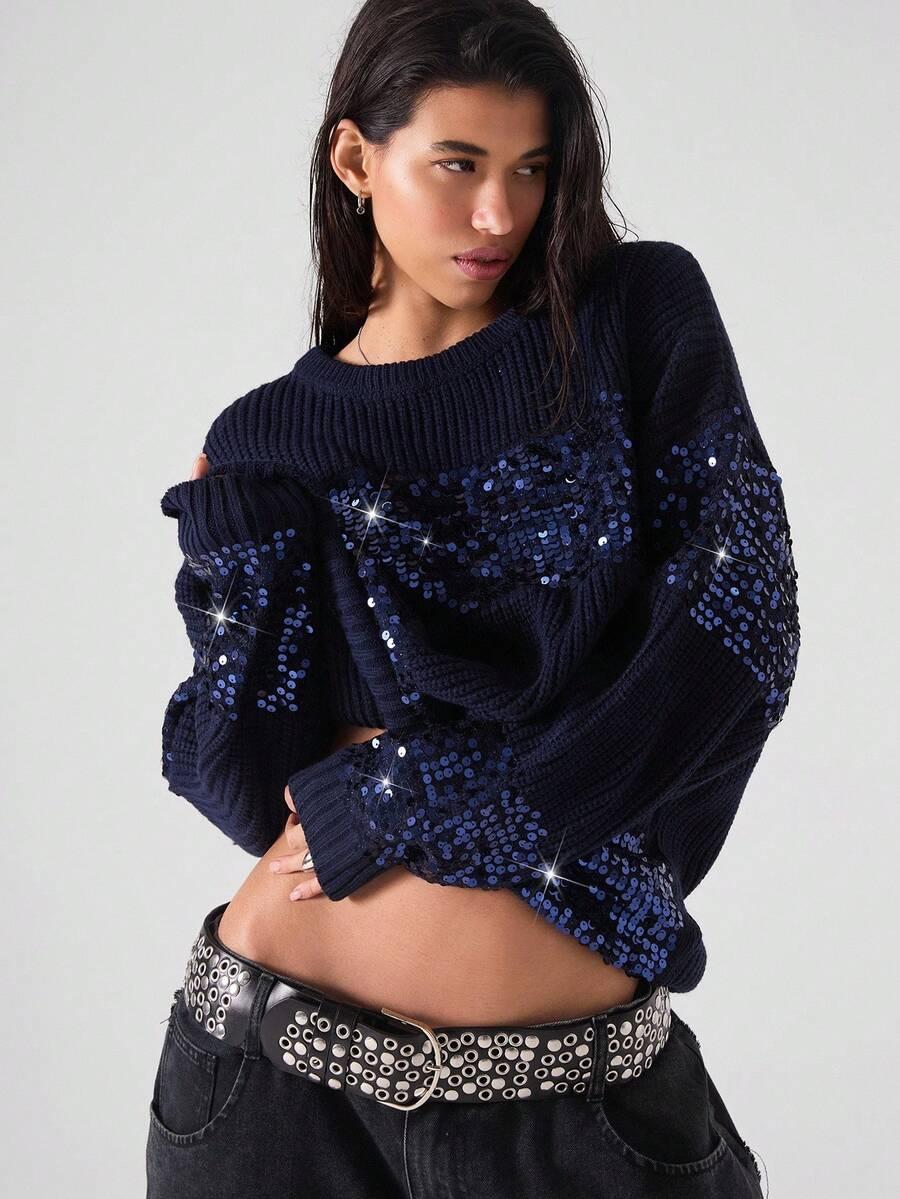 granatowy sweter cekiny