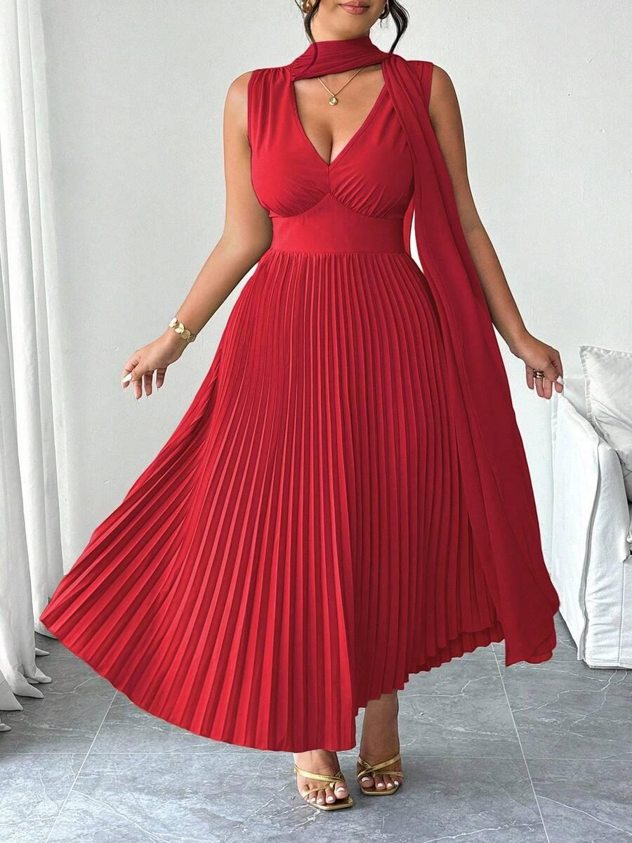 plisowana maxi sukienka v neck