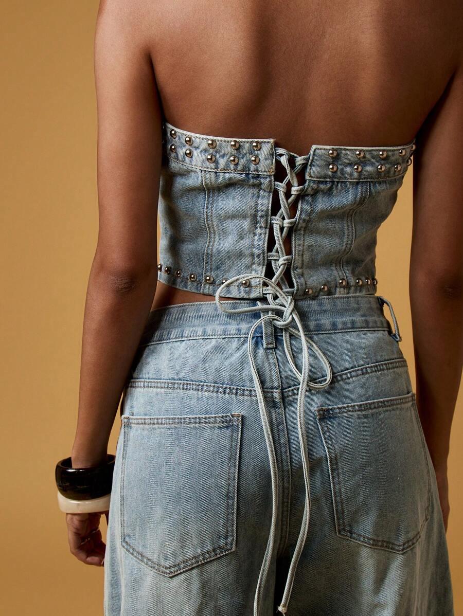 niebieski jeansowy top