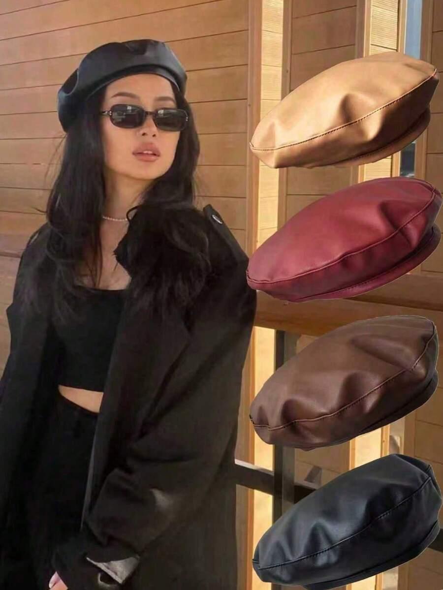 czerwony beret imitacja skóry